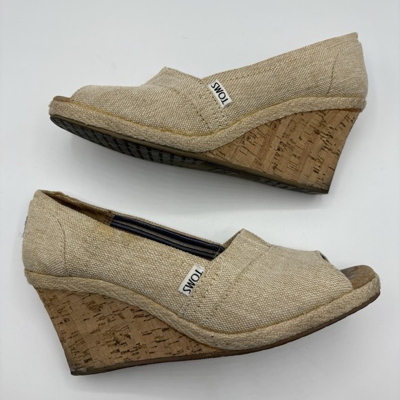 Toms Shoes Women's‎ Sz 9 Beige Twill Classic Wedge Cork Heel Peep Heel Slip On - Picture 4 of 10